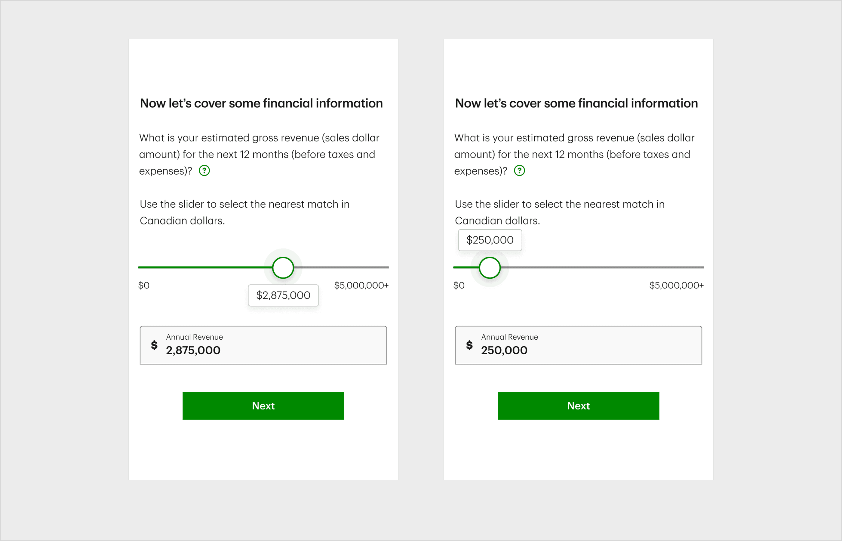 Revenue slider interaction with real-time value formatting