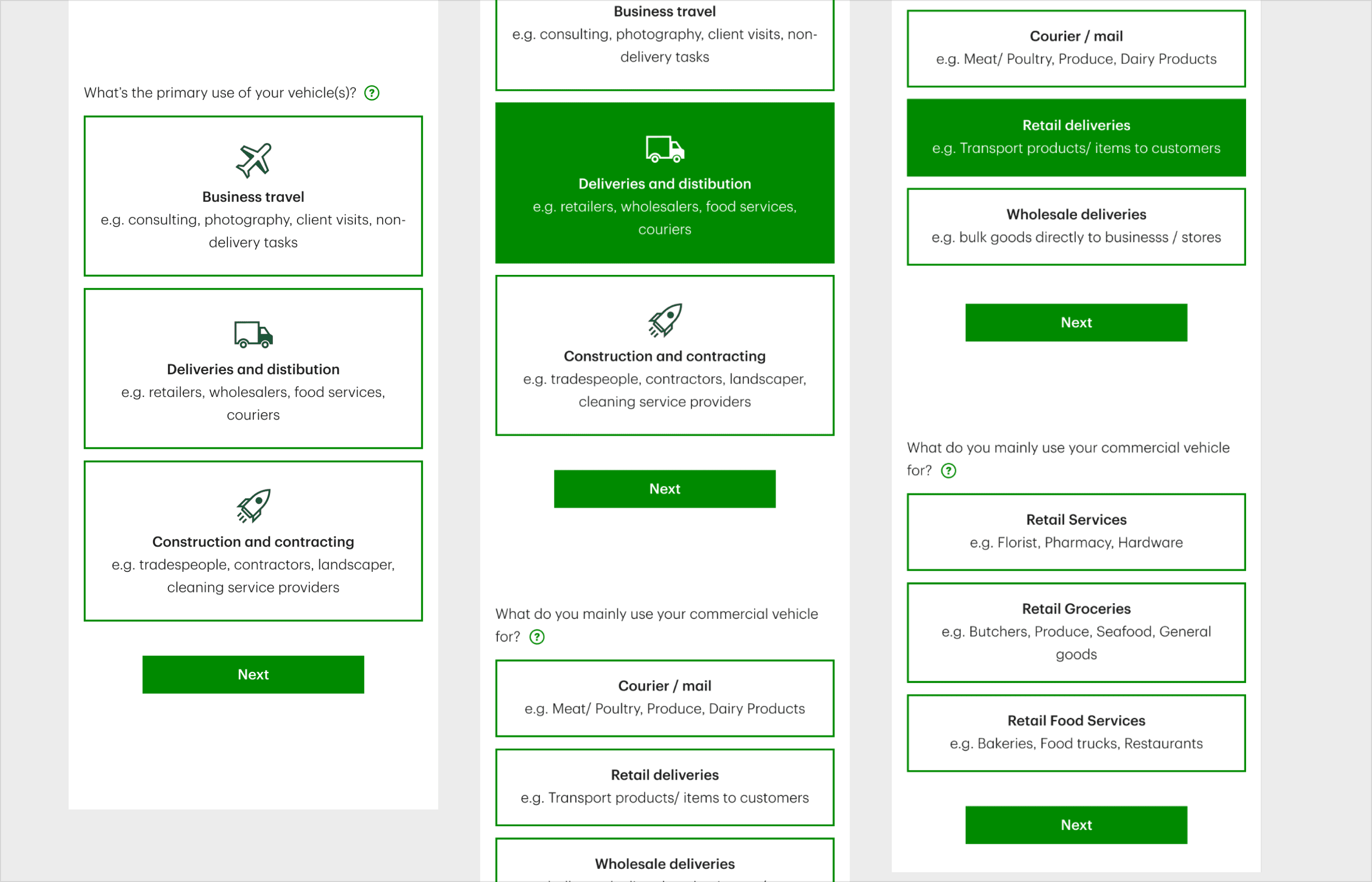 Progressive disclosure flow showing staged eligibility logic