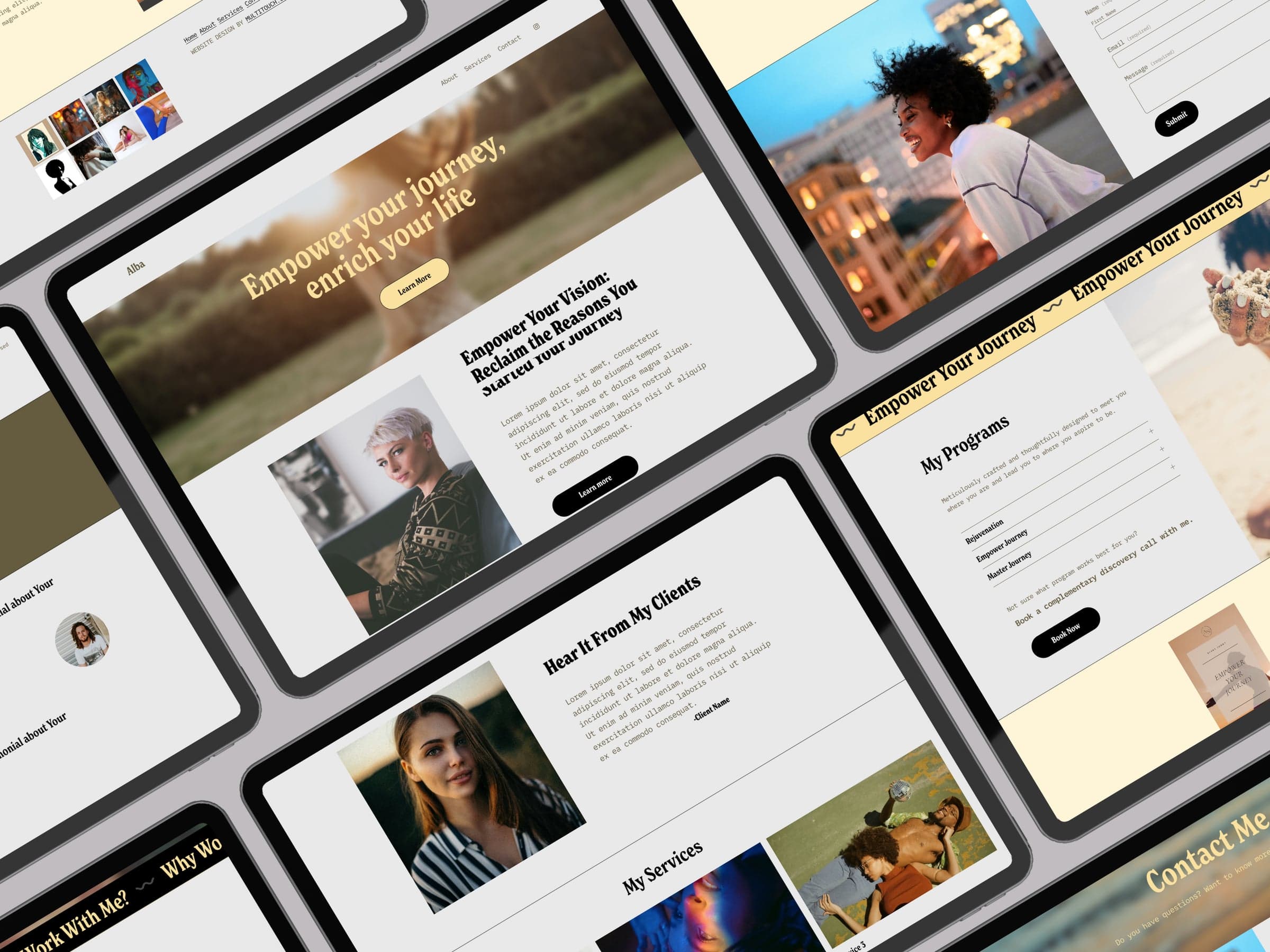 Angled collage of Alba template pages on tablets: condensed serif headlines, small monospace body text, rounded black and butter yellow buttons, and a butter yellow marquee band.