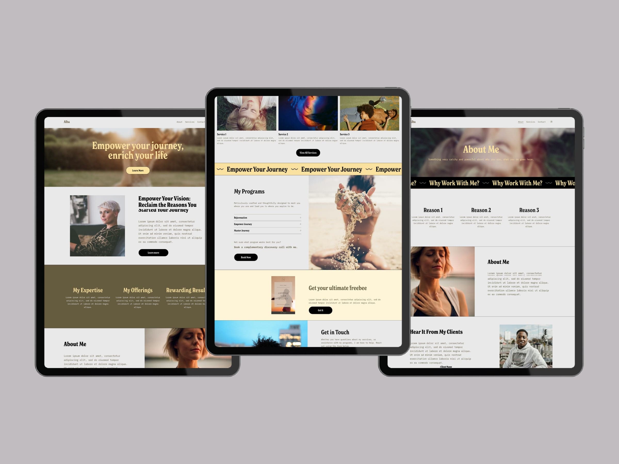 Three Alba pages on tablets: a home page with an olive feature band, a programs page with a butter yellow marquee and a cream freebie section, and an about page with a black marquee band.