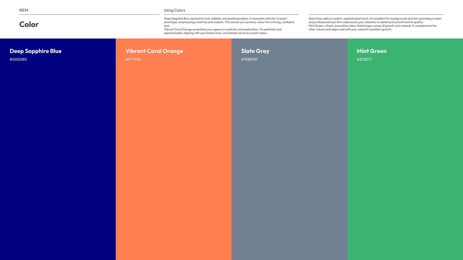 Multitouch palette slide with four tall columns: Deep Sapphire Blue #000080, Vibrant Coral Orange #FF7F50, Slate Gray #708090 and Mint Green #3CB371.