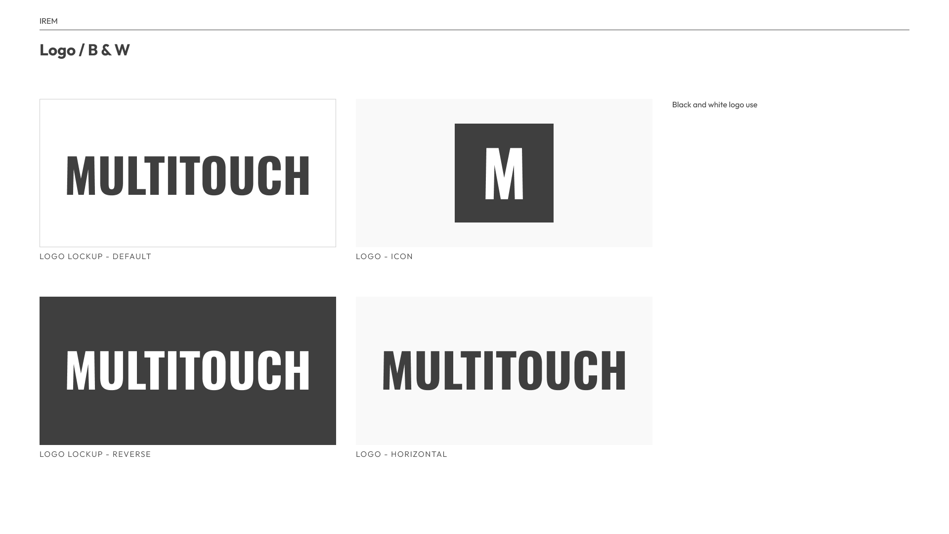 Multitouch logo in black and white: the condensed MULTITOUCH wordmark as default and reverse lockups, a square M icon, and a horizontal version.