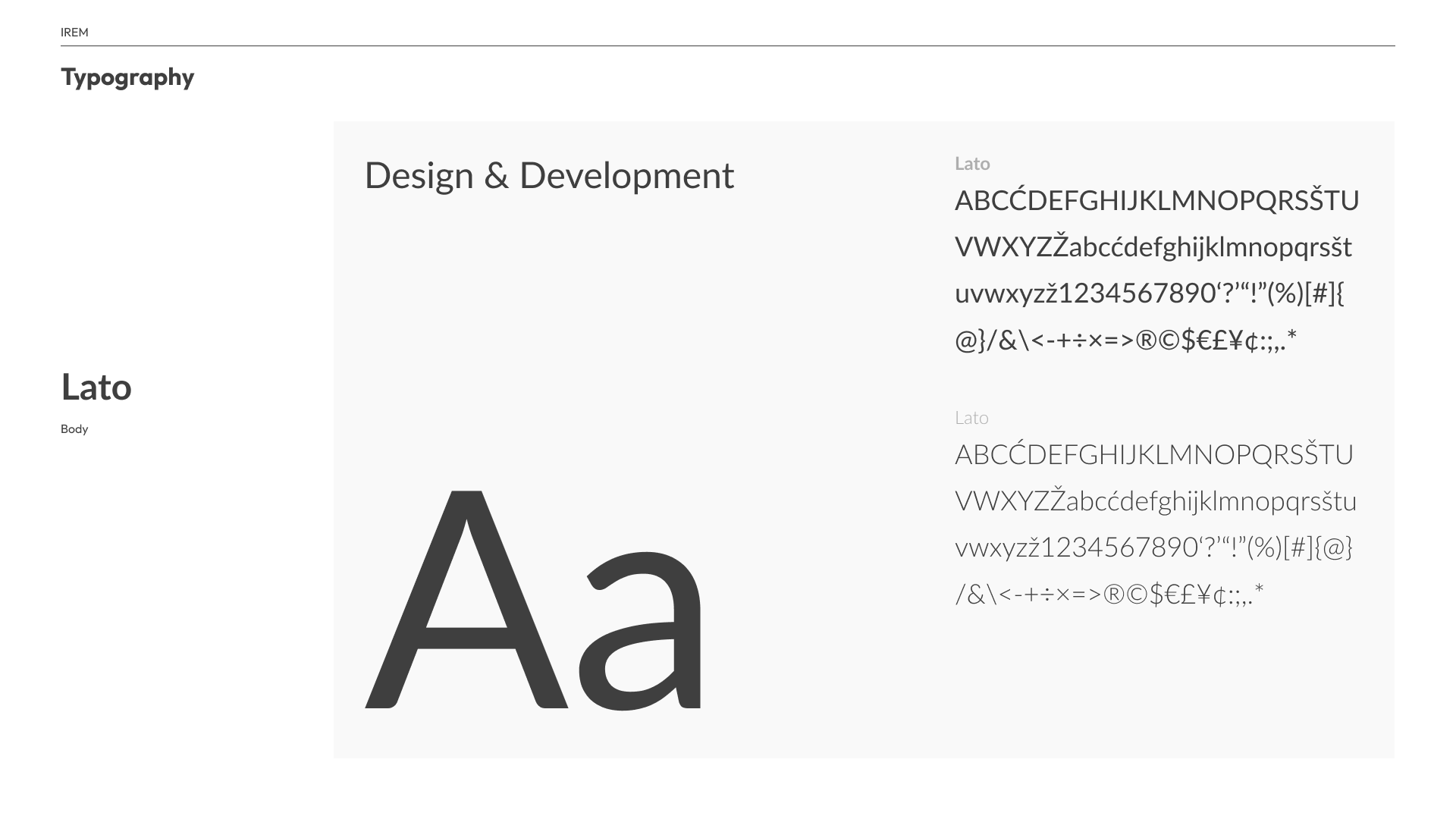 Typography slide for Lato, the body face: a large Aa, a Design and Development sample line, and regular and light character sets.