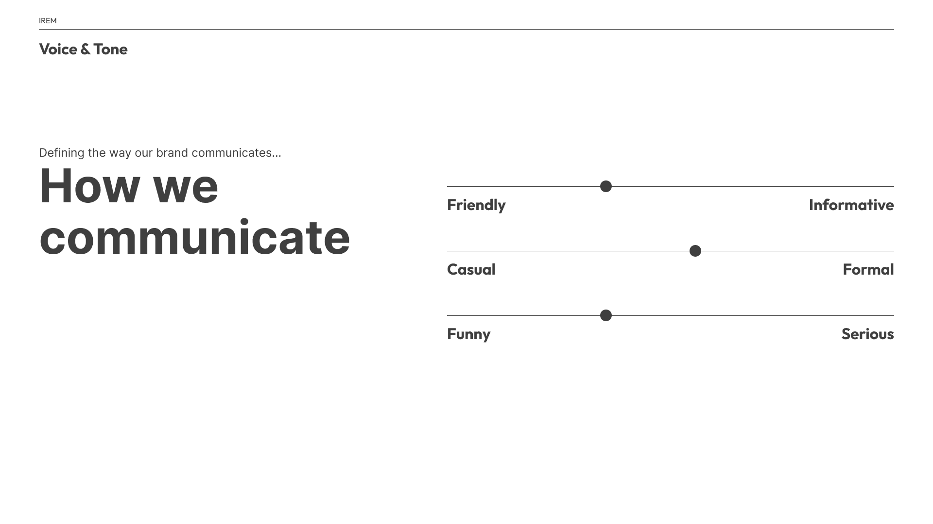 Voice and tone slide titled How we communicate, with three sliders placing the brand toward friendly over informative, near the middle between casual and formal, and toward funny over serious.